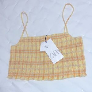 NWT. Zara Yellow Plaid Patterned Spaghetti Strap Crop Tank Top. Raw Hem.Stretchy